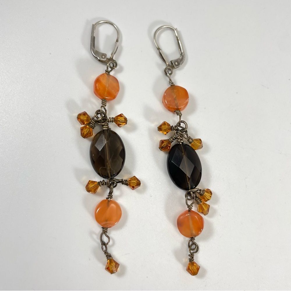 925 Sterling Silver Smokey Quartz Orange Agate Stone Drop Back Hoop Earrings